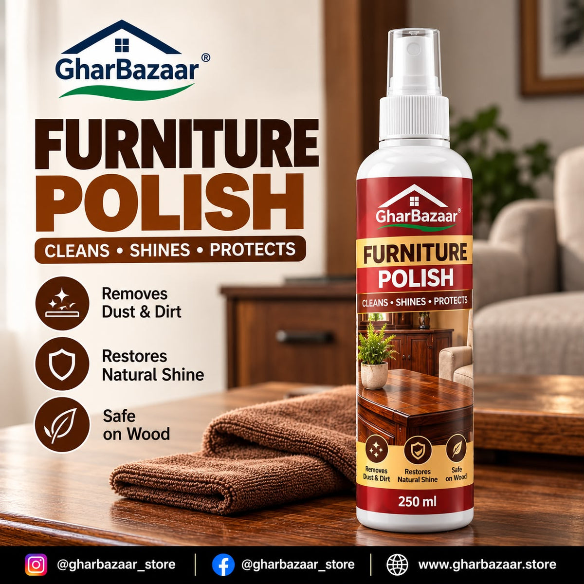 GharBazaar Furniture Polish Spray 250ml โ Wood Cleaner, Shine & Dust Remover