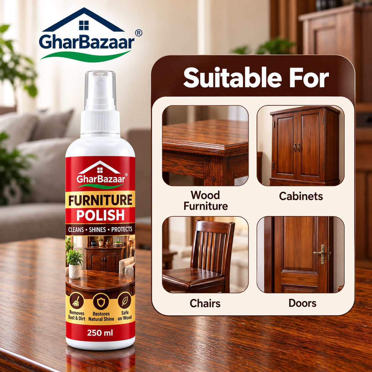 GharBazaar Furniture Polish Spray 250ml โ Wood Cleaner, Shine & Dust Remover