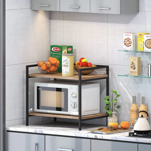 2 Tier Wood & Metal Microwave Stand Kitchen Storage Shelf Microwave