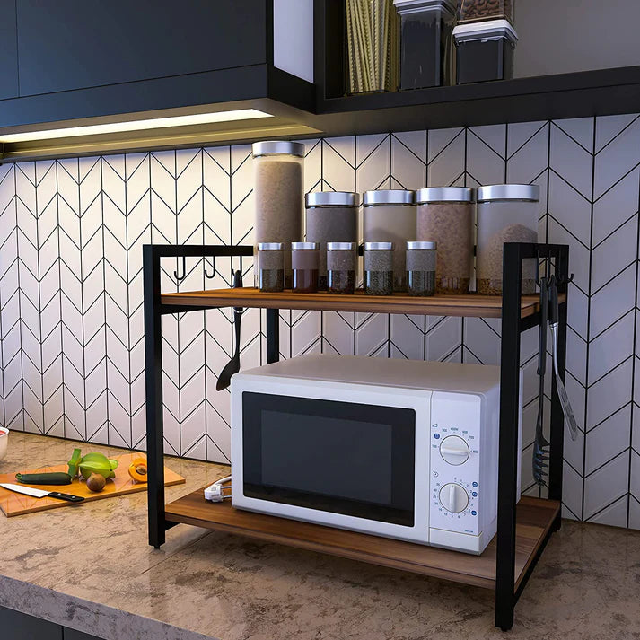 2 Tier Wood & Metal Microwave Stand Kitchen Storage Shelf Microwave