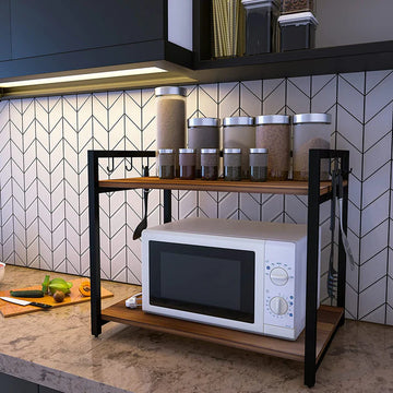 2 Tier Wood & Metal Microwave Stand Kitchen Storage Shelf Microwave
