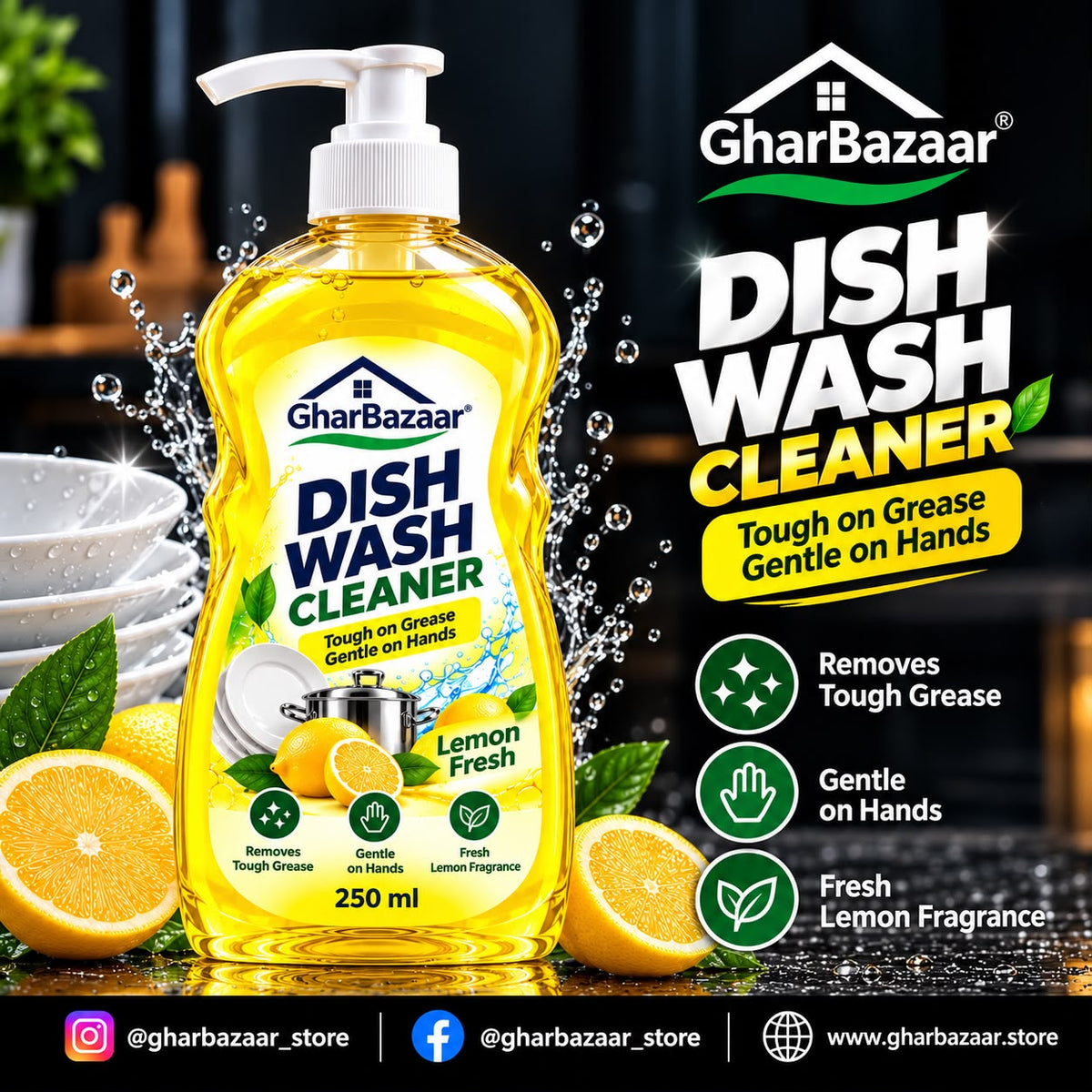 GharBazaar Dish Wash Cleaner – Lemon Fresh, Tough on Grease, Gentle on Hands (250ml)