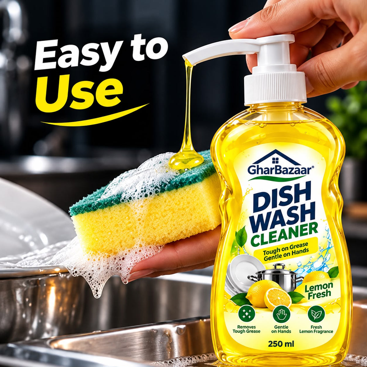 GharBazaar Dish Wash Cleaner – Lemon Fresh, Tough on Grease, Gentle on Hands (250ml)