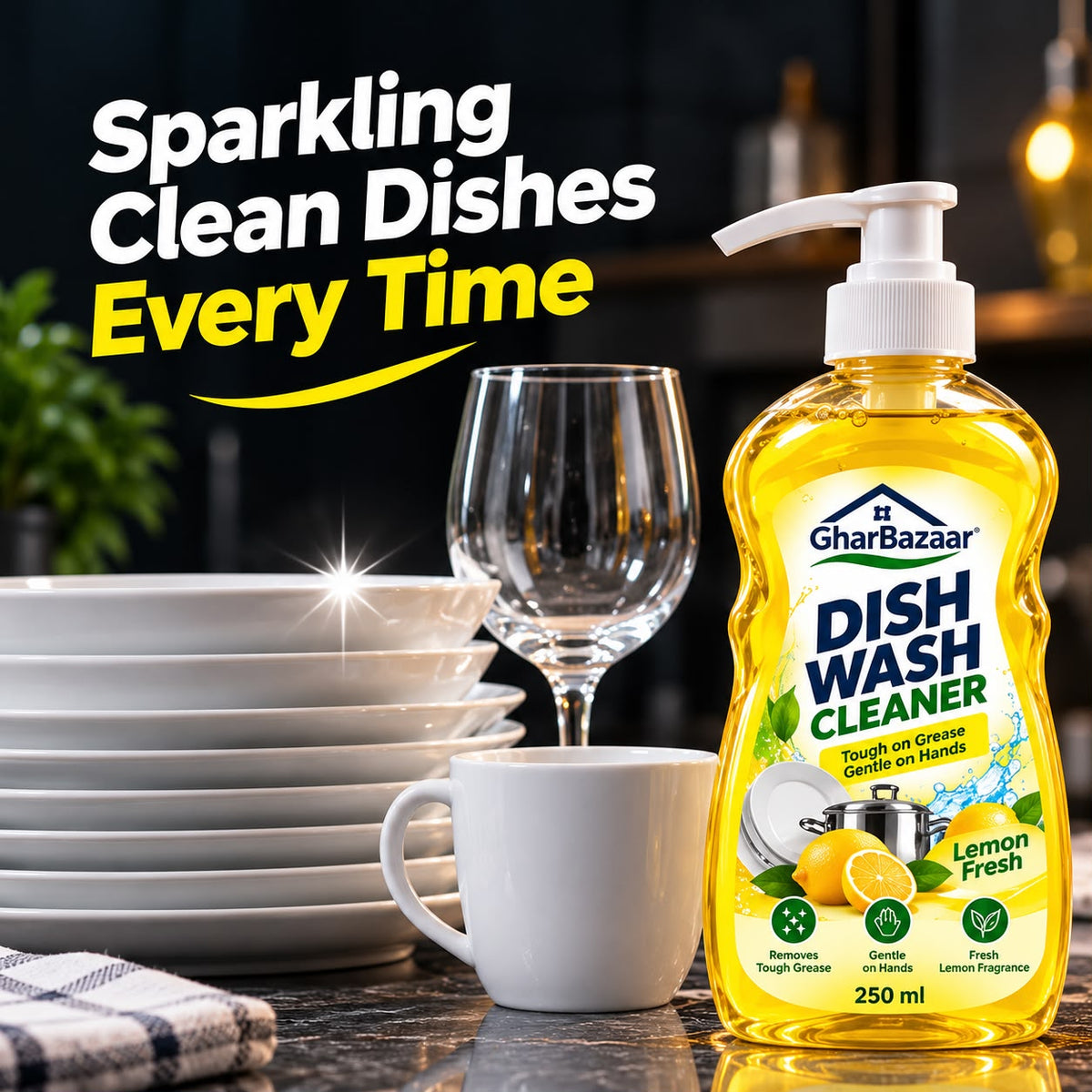 GharBazaar Dish Wash Cleaner – Lemon Fresh, Tough on Grease, Gentle on Hands (250ml)