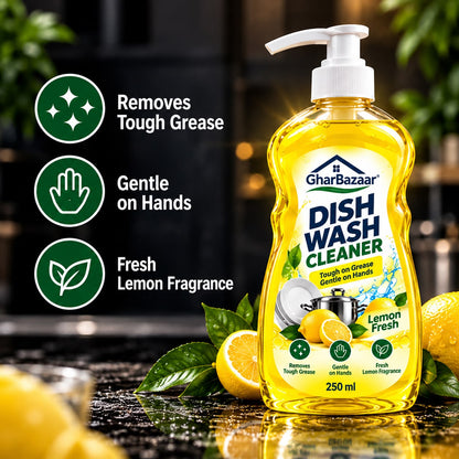 GharBazaar Dish Wash Cleaner – Lemon Fresh, Tough on Grease, Gentle on Hands (250ml)