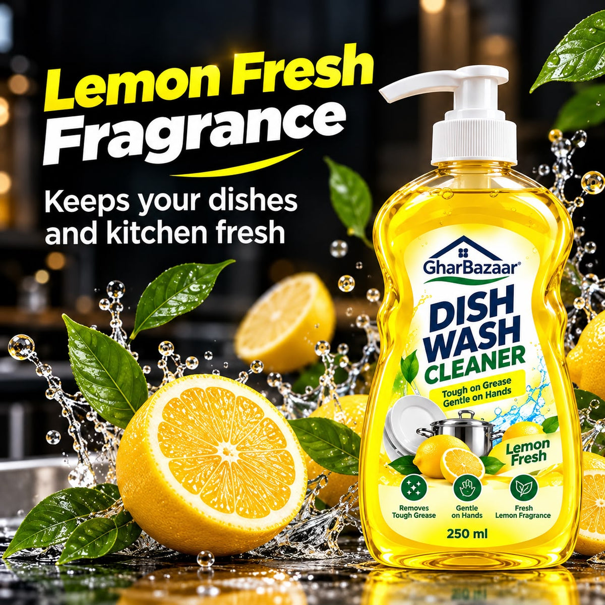 GharBazaar Dish Wash Cleaner – Lemon Fresh, Tough on Grease, Gentle on Hands (250ml)
