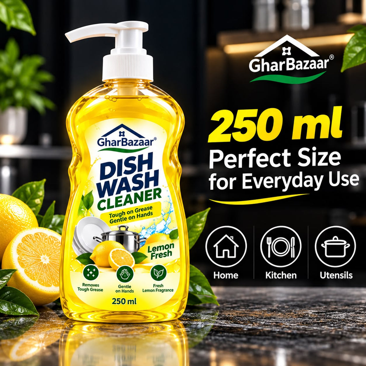 GharBazaar Dish Wash Cleaner – Lemon Fresh, Tough on Grease, Gentle on Hands (250ml)