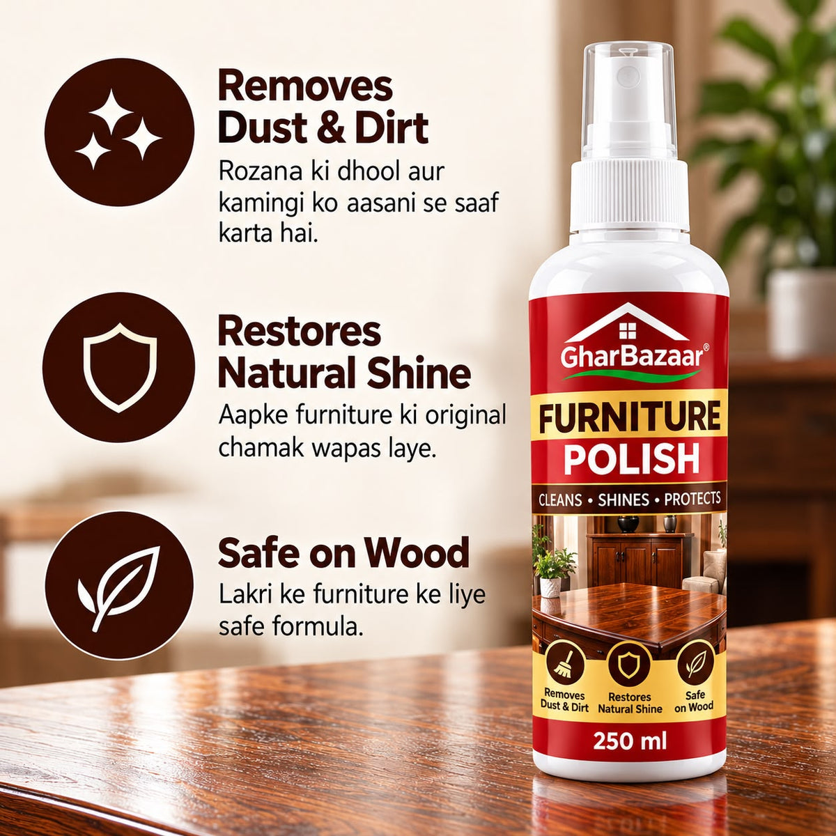 GharBazaar Furniture Polish Spray 250ml – Wood Cleaner, Shine & Dust Remover