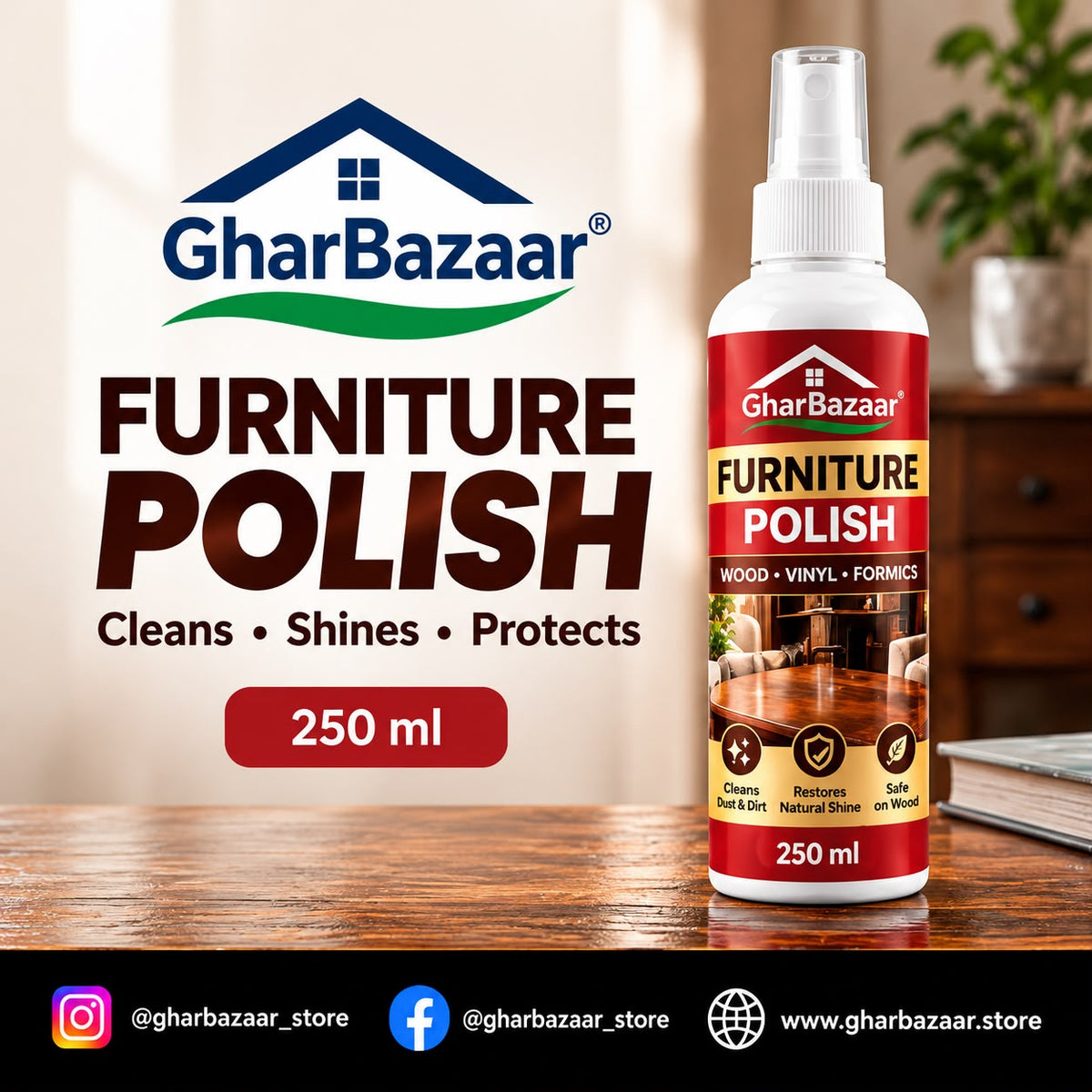 GharBazaar Furniture Polish Spray 250ml – Wood Cleaner, Shine & Dust Remover